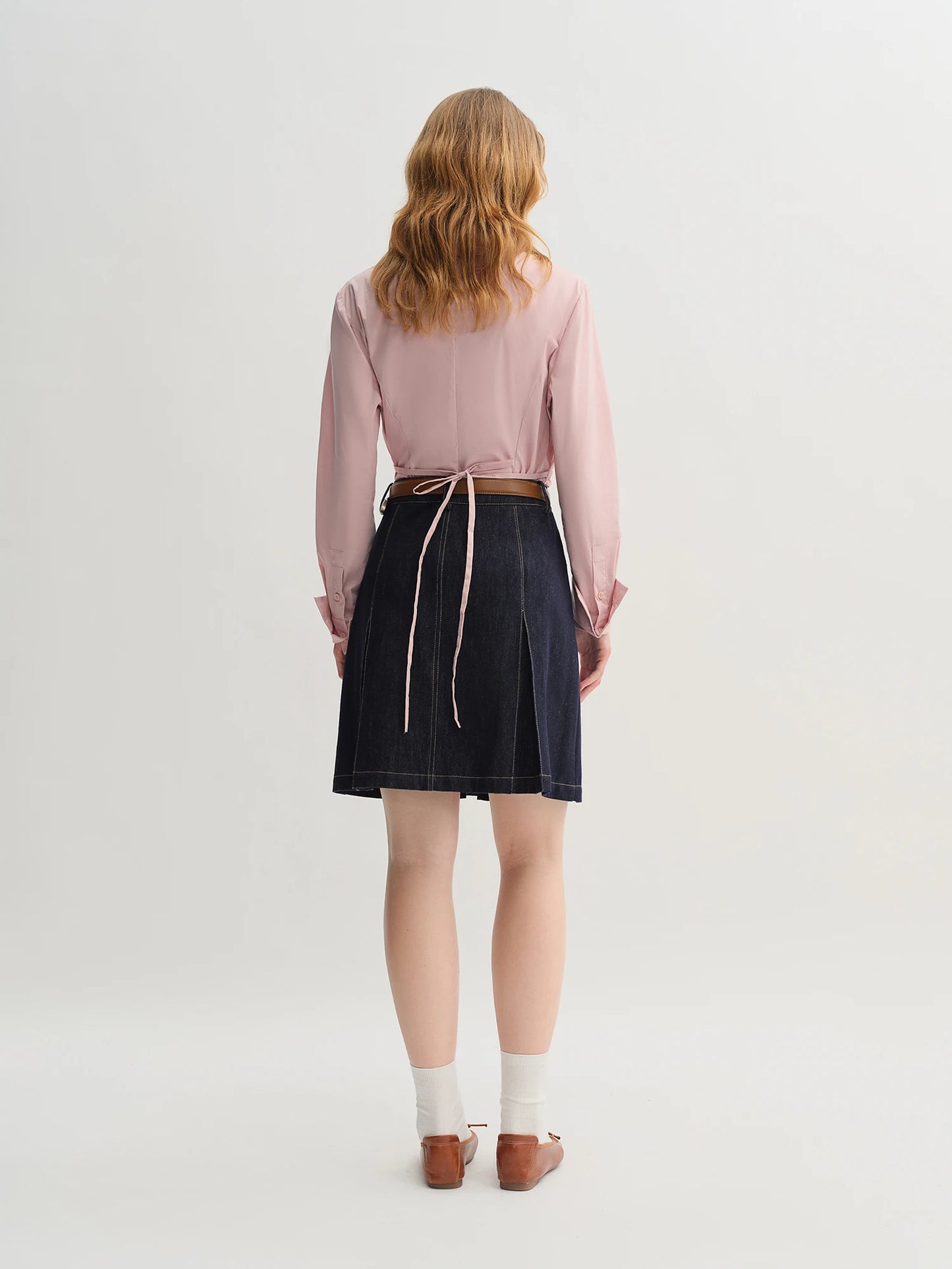 Pleated Tie-Waist Shirt & A-Line Skirt Suit - Tricolour Two-Piece