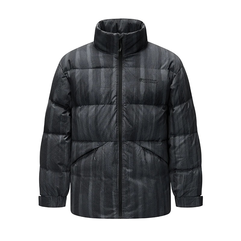 Down Jacket Men Textured Loose Fit Stand Collar Fashion Embroidered Coat Winter Outerwear