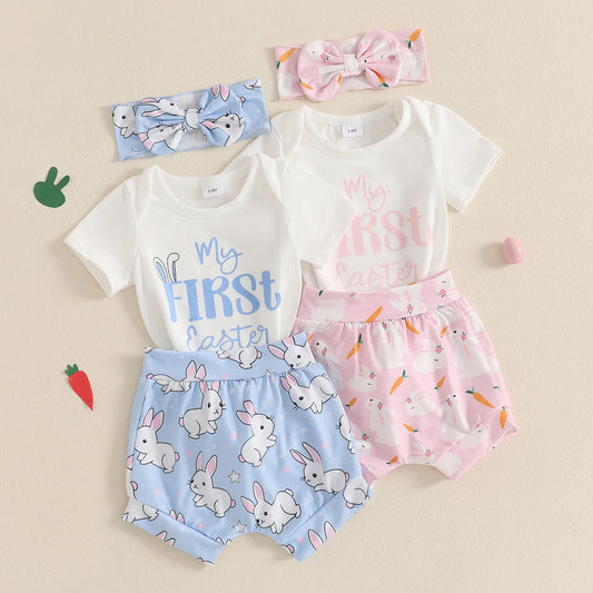Baby Girls' Easter Outfit Set - Letter Print Romper, Carrot Bunny Shorts & Headband 3pcs