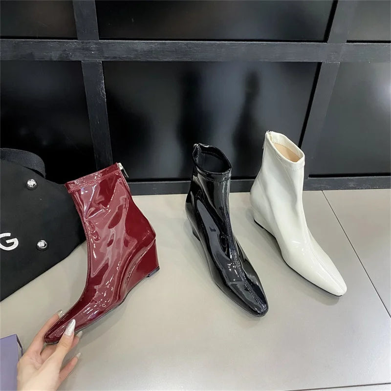 Patent Leather Pointed Toe Chelsea Ankle Boots | Wedge Heel & Rear Zip