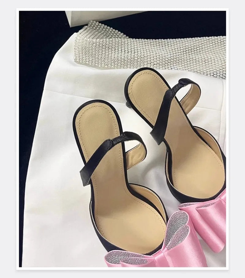 Women's Rhinestone Bowknot Satin Pointed Heel Sandals - Bridesmaid Party Shoes