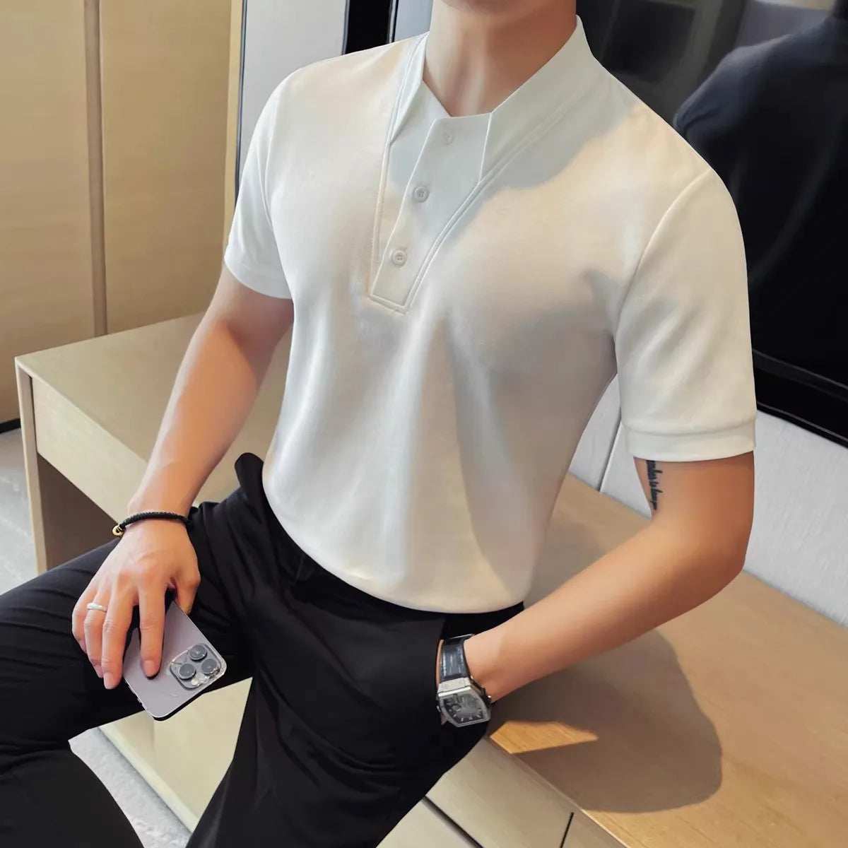Men's Summer Polo Korean Style Turn Down Collar Short Sleeve Slim Fit Fake Two Pieces T-Shirt