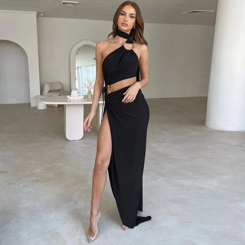 Women's Cut Out Backless Maxi Dress - Sleeveless Halter Asymmetrical Slit Dress