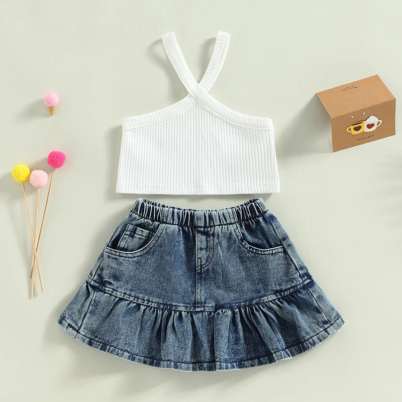 1-5Y Fashion Kids Girl Summer Clothes Sets -  Solid Colour Ribbed Camisole Elastic Denim Skirt Set