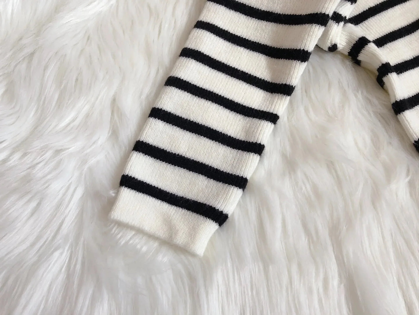 Women's Black and White Striped Shorts Set - Striped Sweater Cardigan and High Waist Set