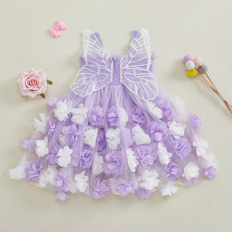 0-4Y Kids Girls Sleeveless Strap 3D Roses Lace Tulle Layered Dress with Wings