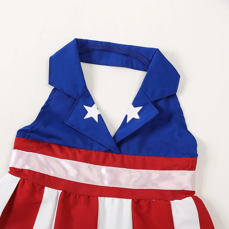 1-5Y Girls American Flag Sleeveless Halter Neck Striped Star Patchwork A-Line Dress  with Hat