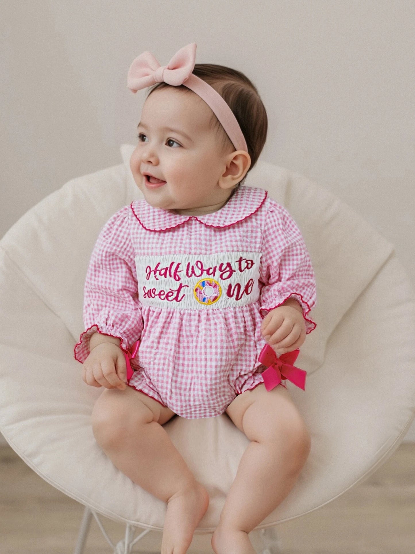 Newborn Baby Girls' Plaid Bubble Romper - Letter Embroidery Doll Collar Smocked Jumpsuit