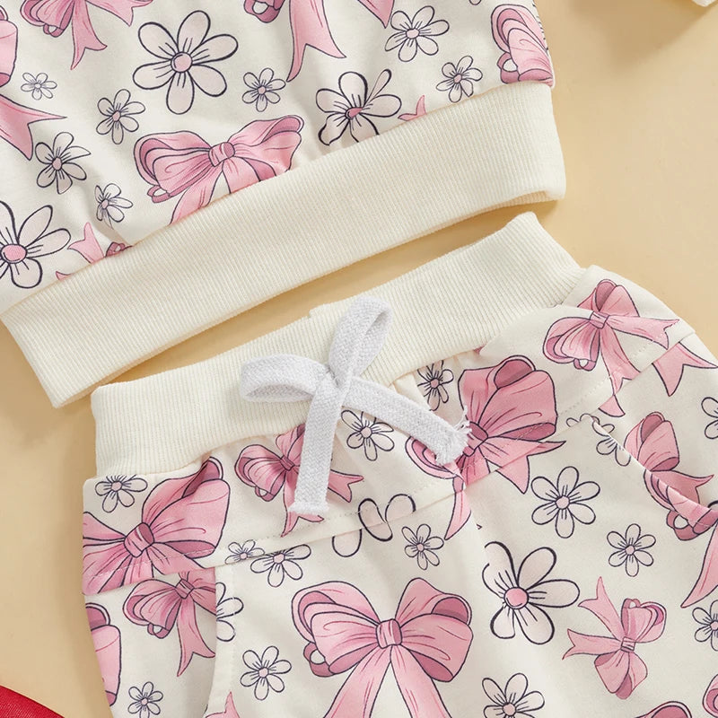 0-3Y Toddler Baby Girls Fall Clothes Sets 2pcs Bow Flower Print Long Sleeve Sweatshirt Elastic Waist Pants