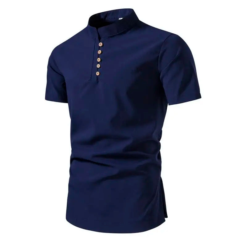 Men's Summer Stand Collar Short Sleeve Casual Slim Fit Pullover Shirt