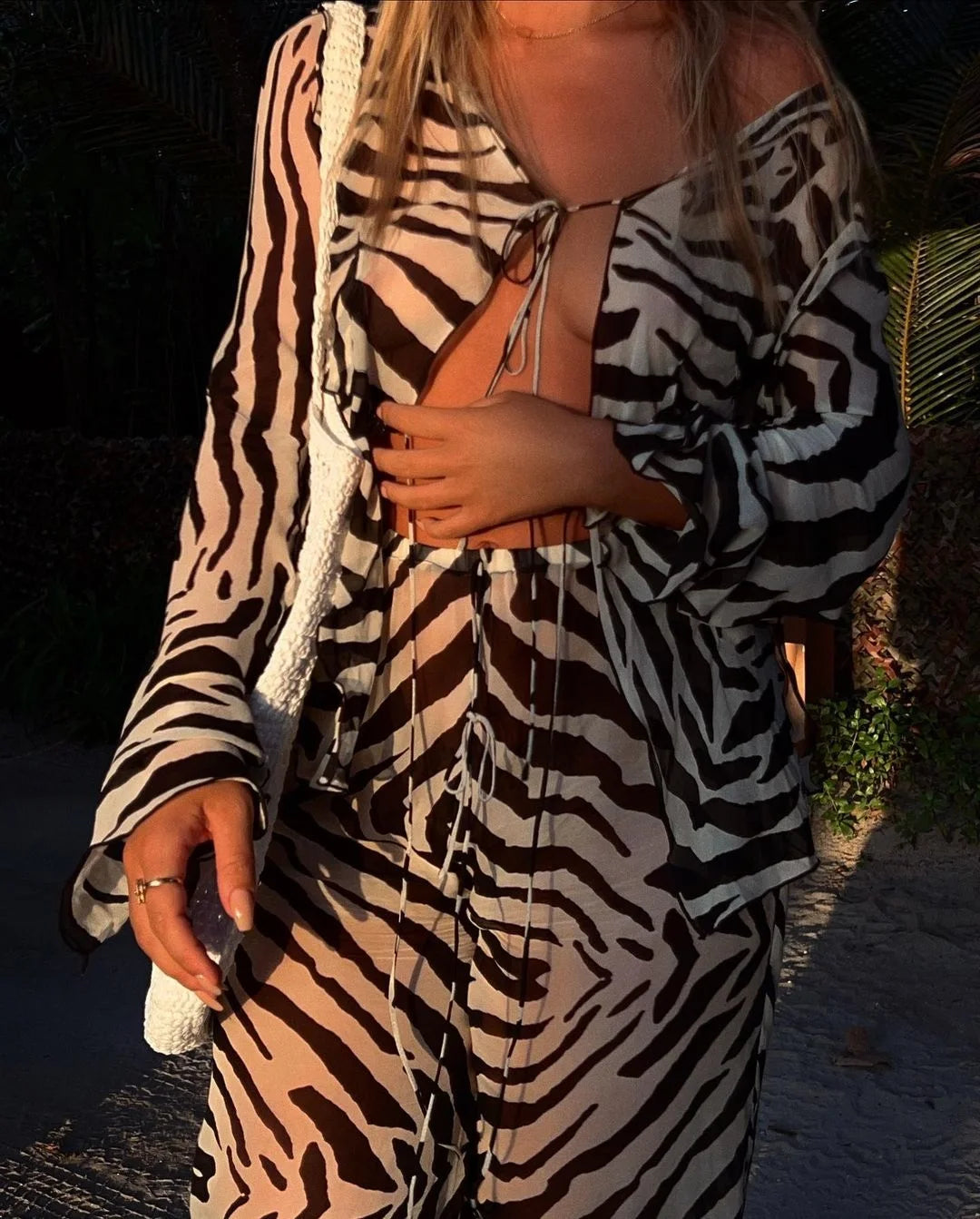 Women's Animal Print Mesh Sheer Stripe Tie Front Detail Top Matching Set