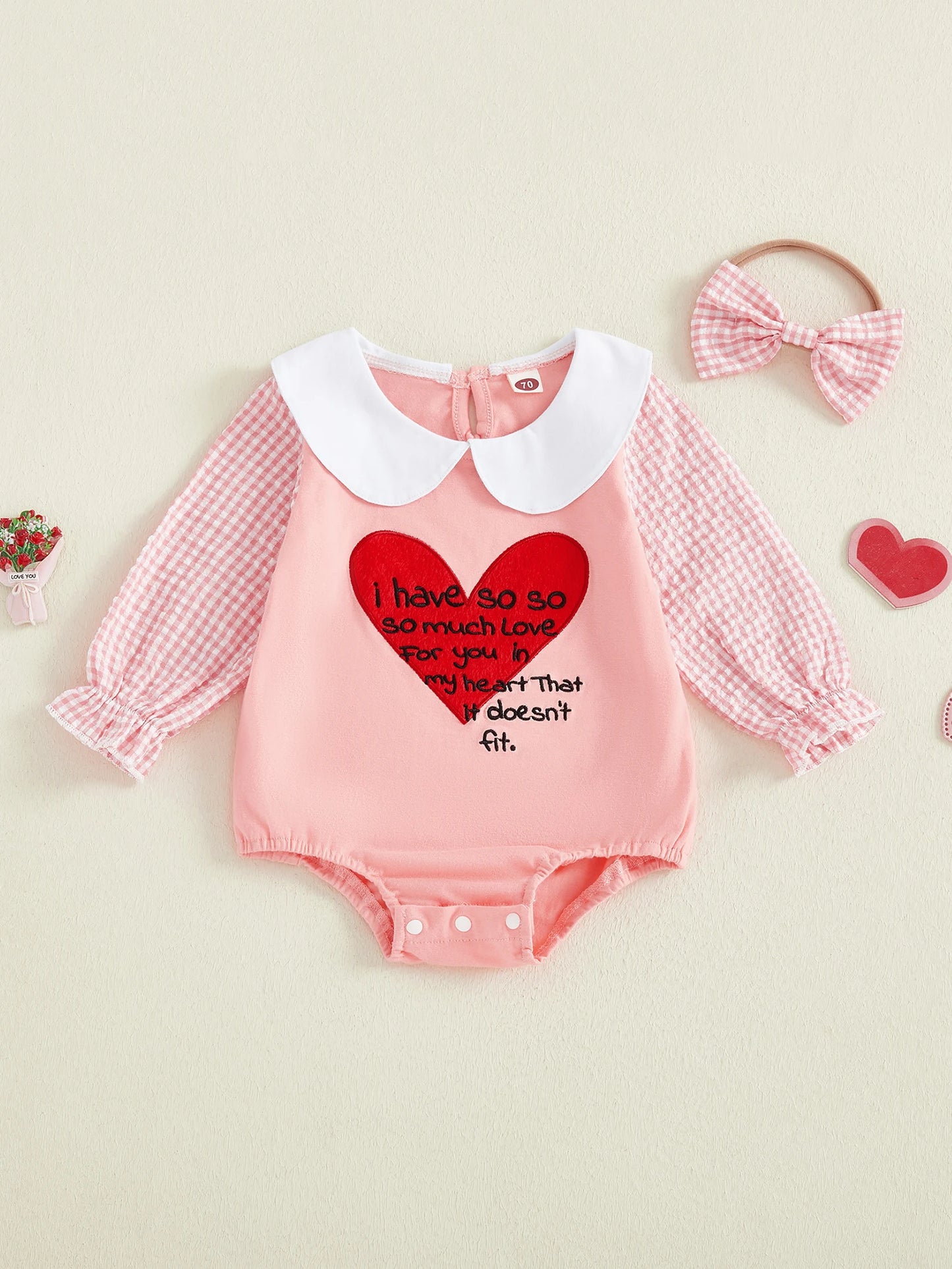 Baby Girls Boys Valentine's Day Letter Heart Embroidery Plaid Long Sleeve Doll Collar Romper