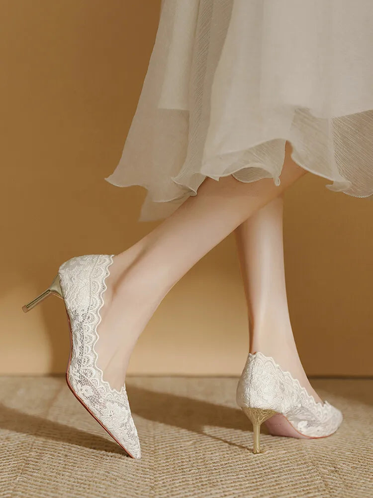 Embroidered Bridal Heels - Pointed Toe Wedding Pumps with 6.5cm Heel