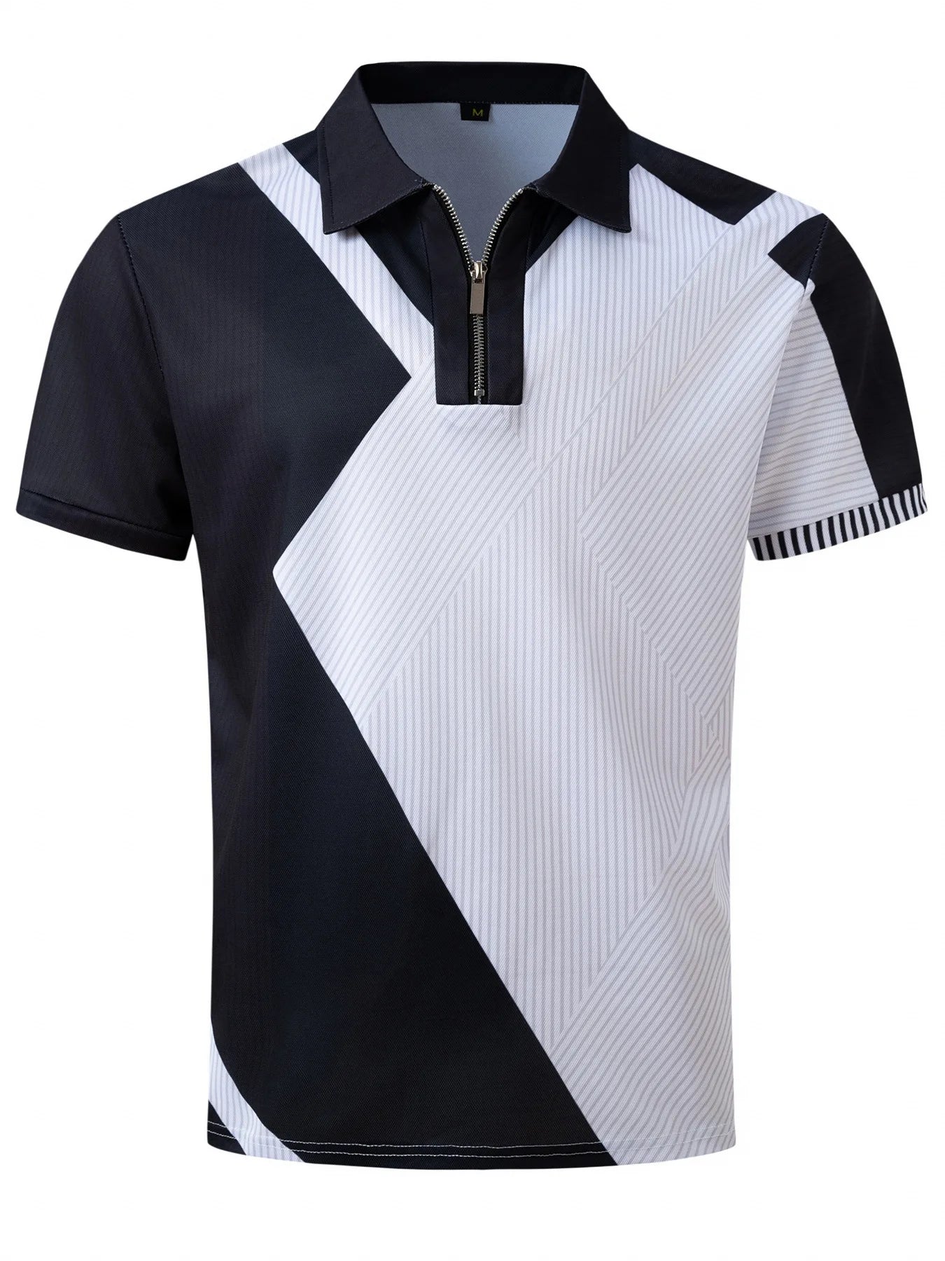 Men's Summer Print Patchwork Turn Down Collar Short Sleeve Sports Casual Polo  Zipper Shirt