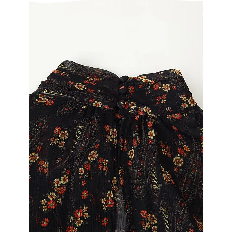 Floral Print High Neck Mini Dress - Long Sleeve Spring Autumn Dress