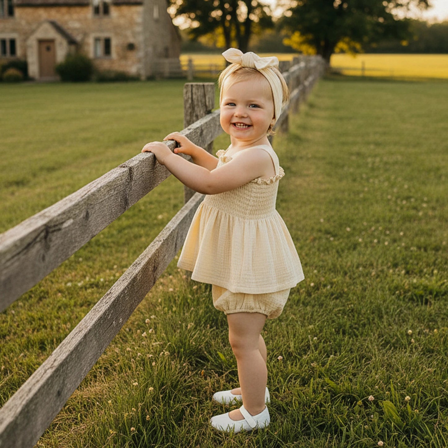 Baby Girls Summer Outfit Set - Ruffled Smocked Top, Shorts & Headband (0-24M)