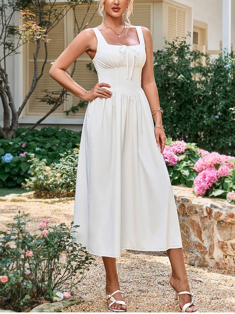 Elegant Summer Midi Dress Square Neck Sleeveless Backless Pleated A-line Dress
