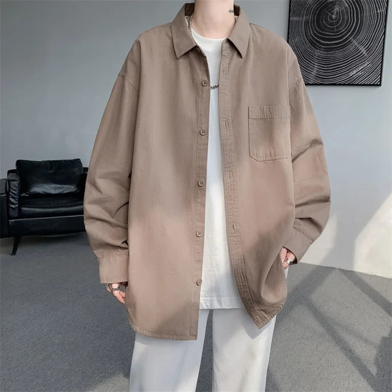 Men's Cotton Casual Spring Autumn Long Sleeve Canvas Loose Turn Down Collar Shirt