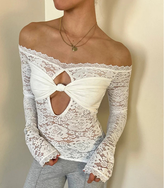 Women's Cut Out Lace Long Sleeve Top - Off Shoulder White Twist Front