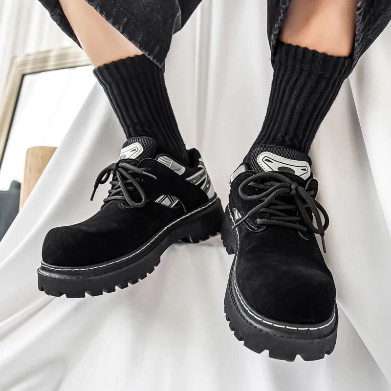 Men's Platform Suede Sneakers - Lace-Up Casual Outdoor Shoes