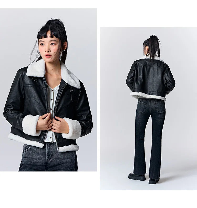 Quilted Faux Leather Cropped Jacket - Women's Winter Outerwear