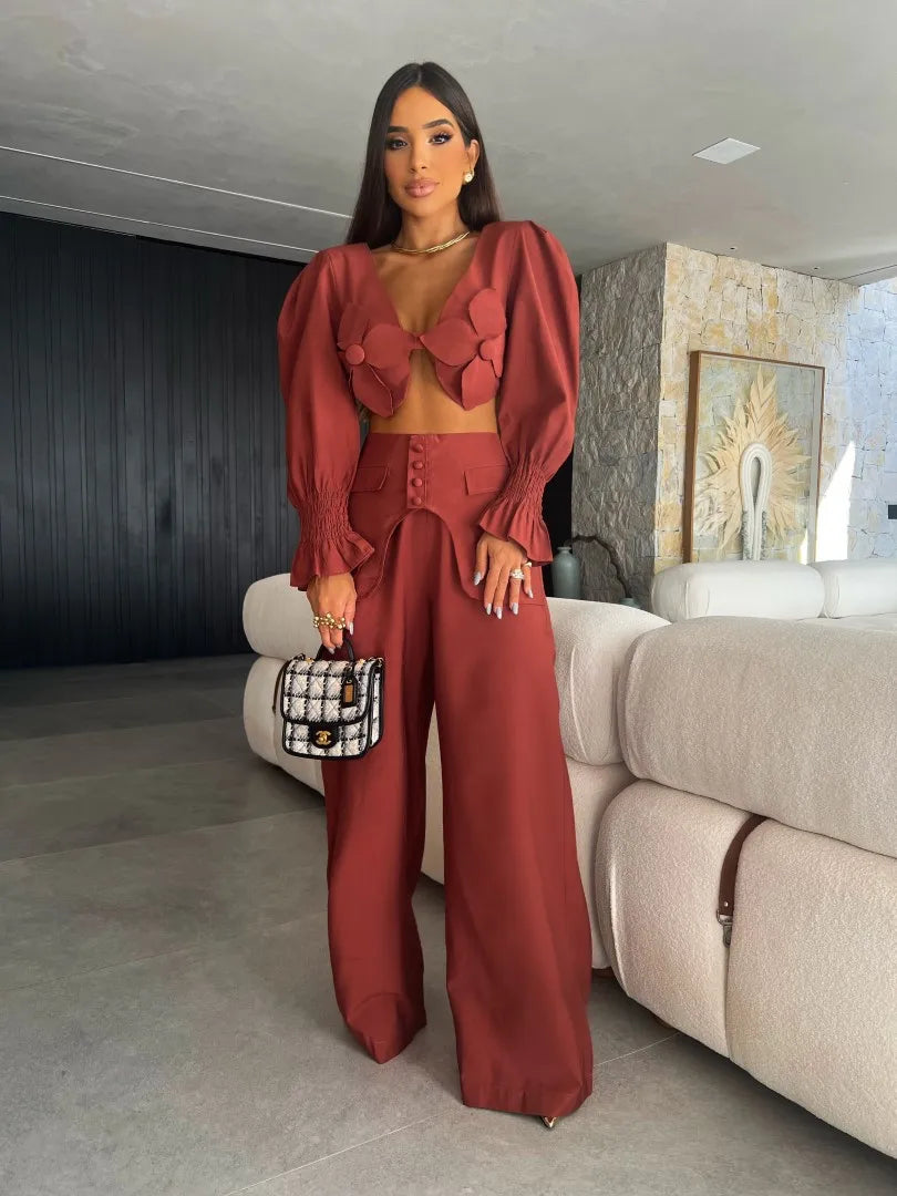Women's Two Piece Set With Pants Summer Long Sleeve  Short Top Wide Leg Pants Set