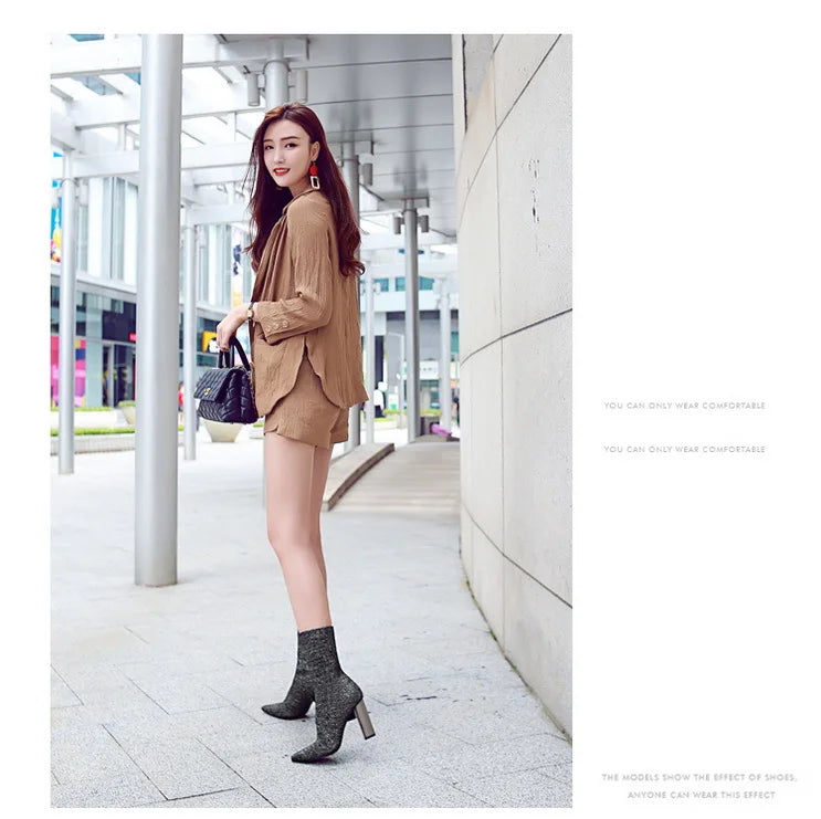 Women's Elastic Sock Boots - Metal Block Heel Ankle Boots Plus Size Available