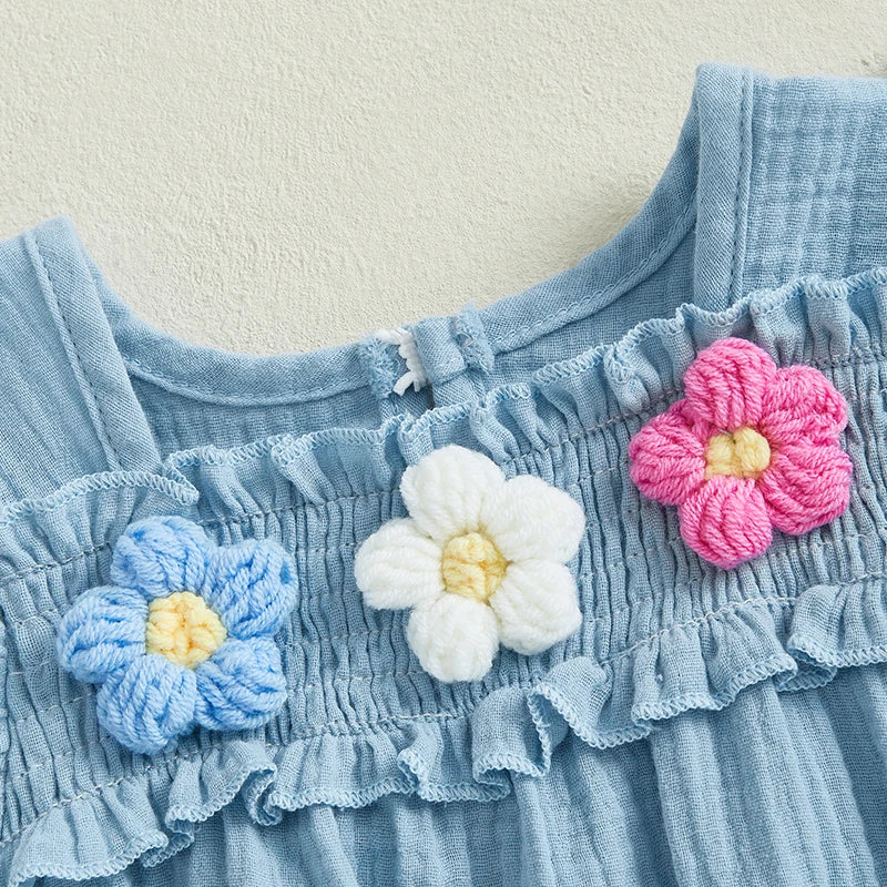 Newborn Baby Girls Flower Embroidery Romper - Smocked Flying Sleeve Jumpsuit (0-12M)