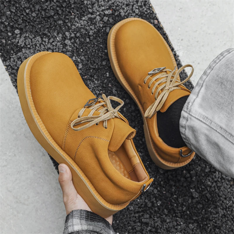 Men's Platform Leather Sneakers - Lace-Up Work Shoes