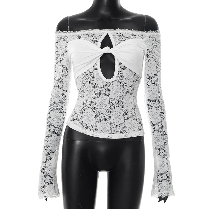 Women's Cut Out Lace Long Sleeve Top - Off Shoulder White Twist Front
