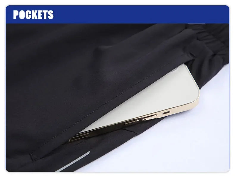 Men's Summer Swim Gym Sportswear 2 in 1 Compression Jogging Shorts Beach Casual Pants Double-deck Bottoms with Zipper Pockets