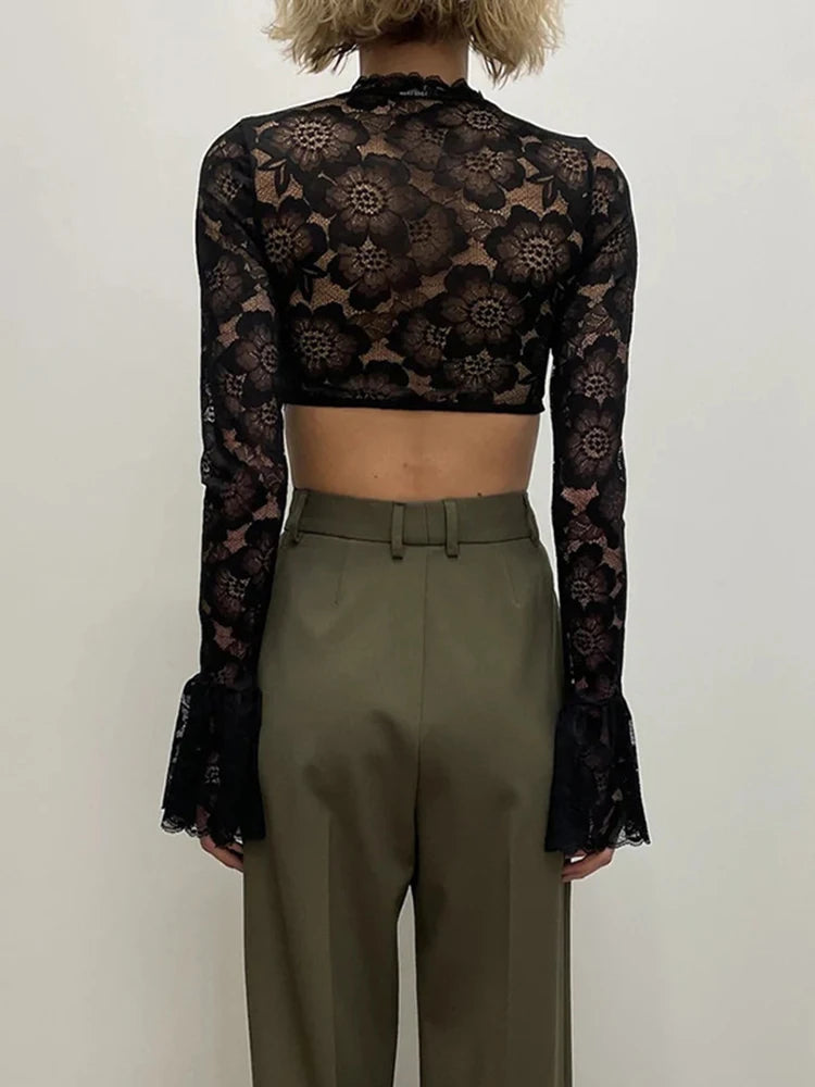 Women's Lace Sheer Flare Sleeve Cropped Top