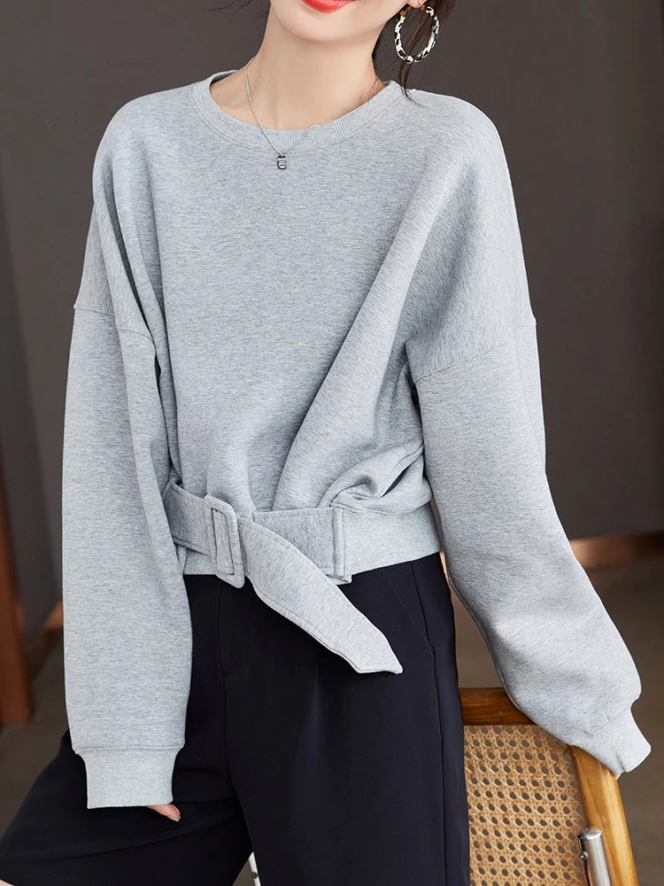 Women Plain Long Sleeve Belt Waist Loose Casual Oversize Pullover Jumper Sweatshirt