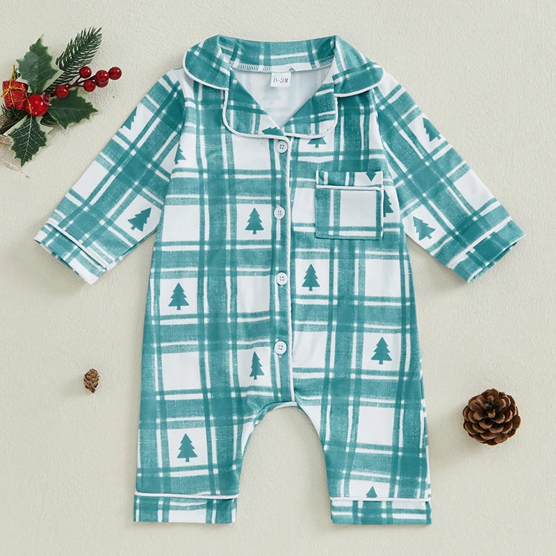 Christmas Pajama Romper - Baby Boys Girls Xmas Tree Plaid Jumpsuit
