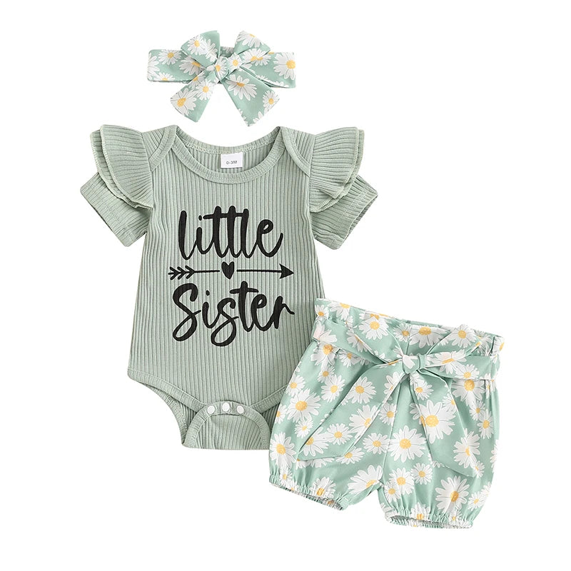 0-24M Baby Girls Summer Clothes Sets 3pcs Letter Print Short Sleeve Romper Sunflowers Shorts with Belt Headband