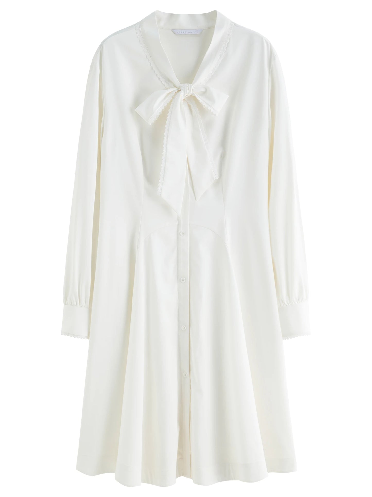 Plus Size Bow Lace Draped Collar Blouse Dress - White Cocktail Dress