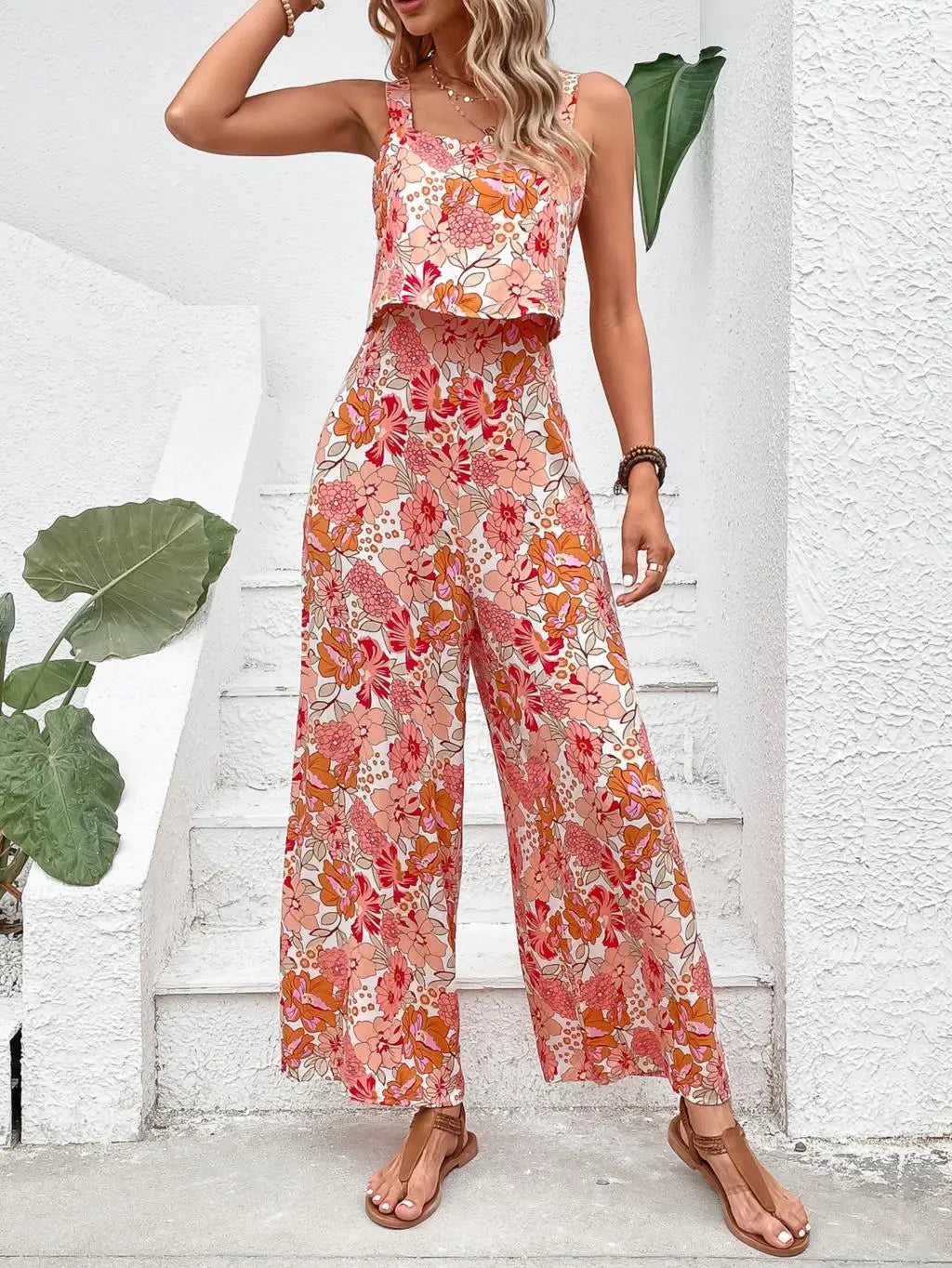 Women Elegant Long Jumpsuit - Backless Wide Leg Jumpsuits Casual Sleeveless Floral Summer Jumpsuit