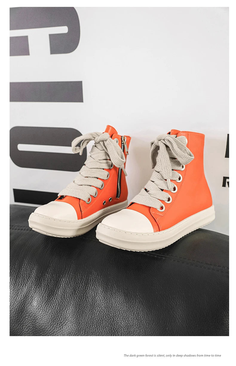 Men's High-Top Leather Sneakers - Lace-Up Zipper Ankle Boots