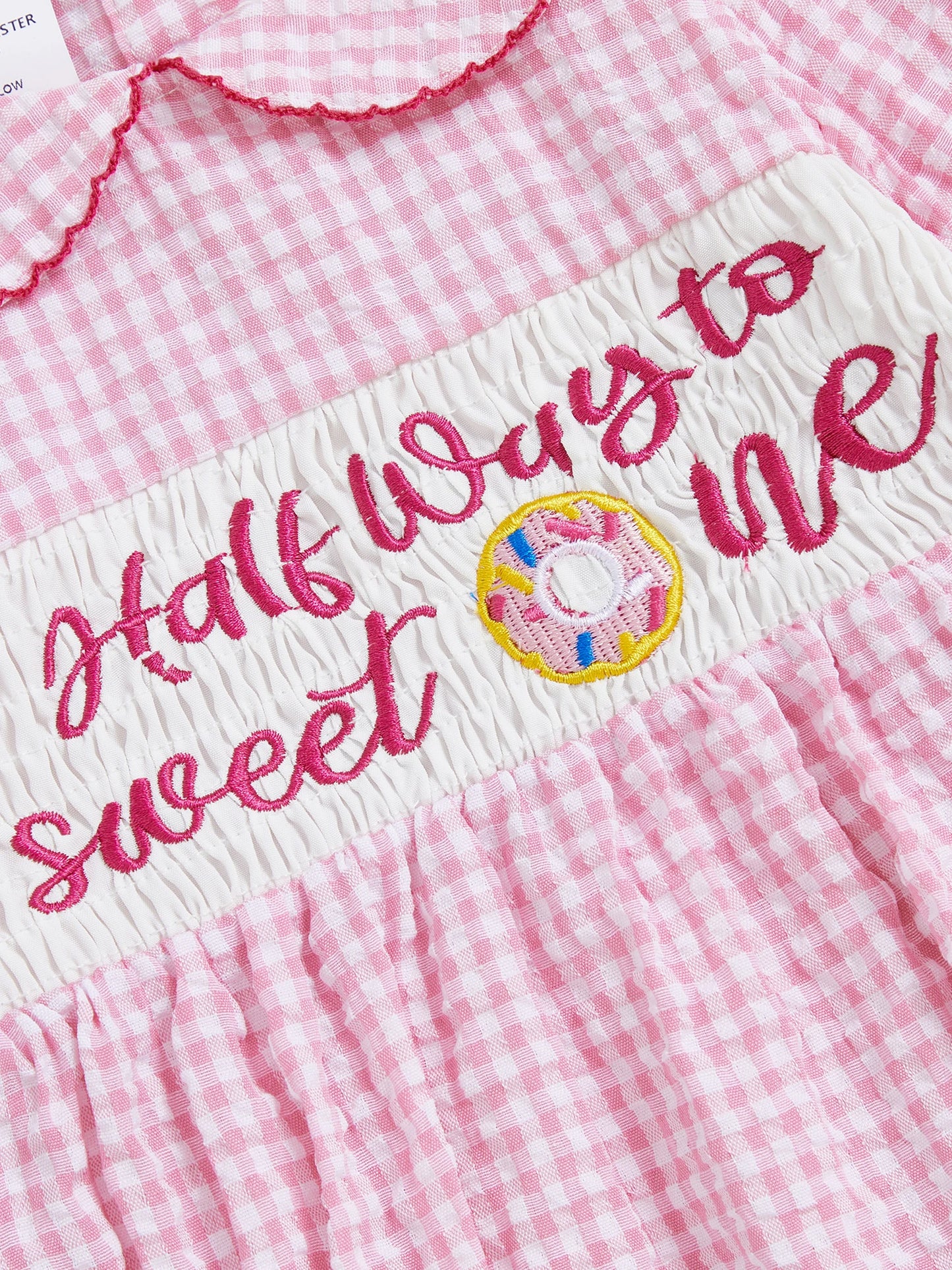 Newborn Baby Girls' Plaid Bubble Romper - Letter Embroidery Doll Collar Smocked Jumpsuit