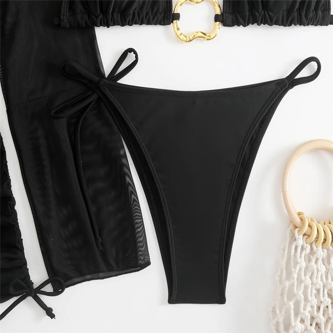 Women's Long Sleeve Cover Up Skirt Halter Bikini Swimsuit Swimwear Four-pieces Bikini Set