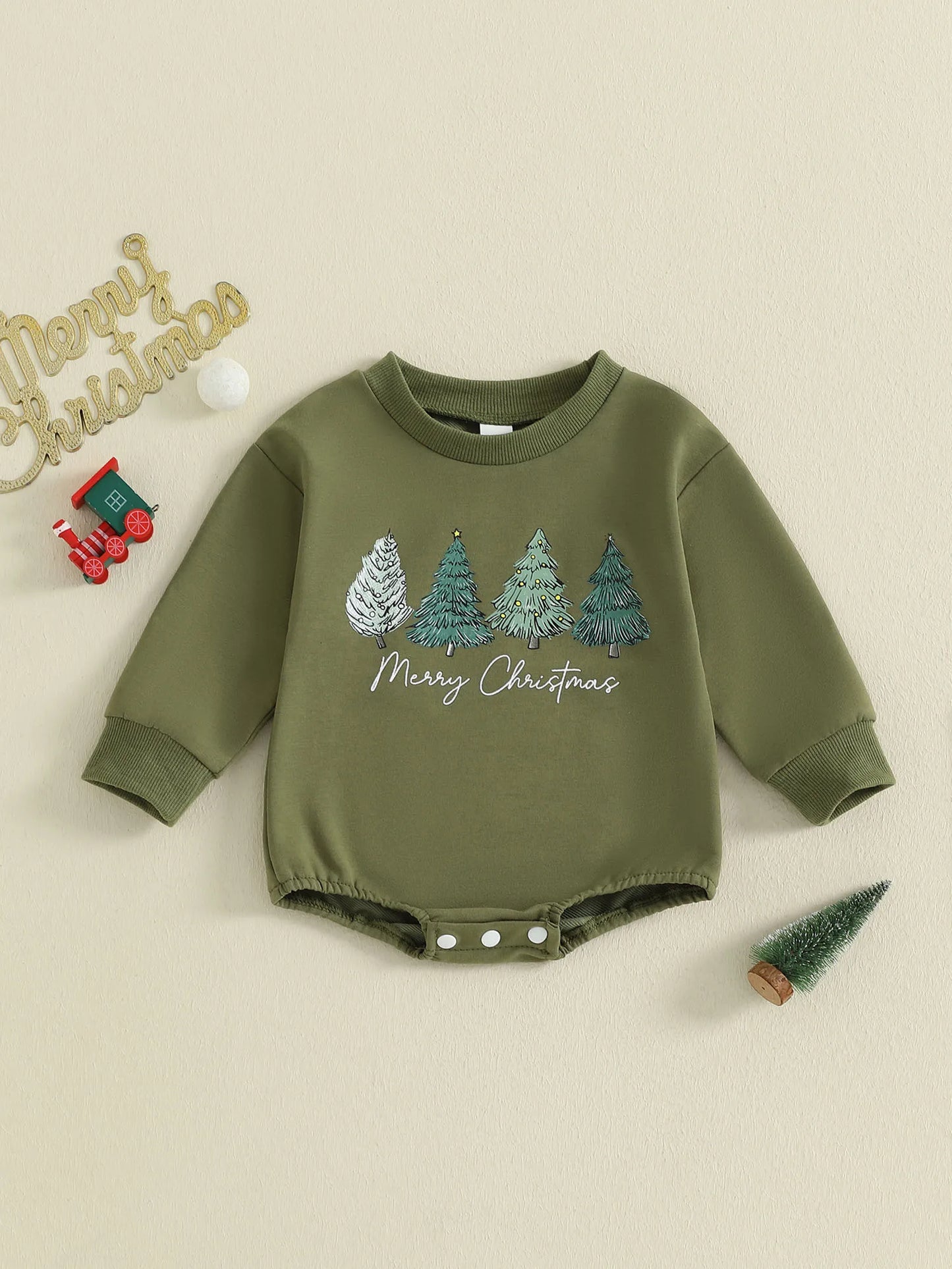 Baby Christmas Romper - Long Sleeve Tree Letter Print Bodysuit (0-18M)