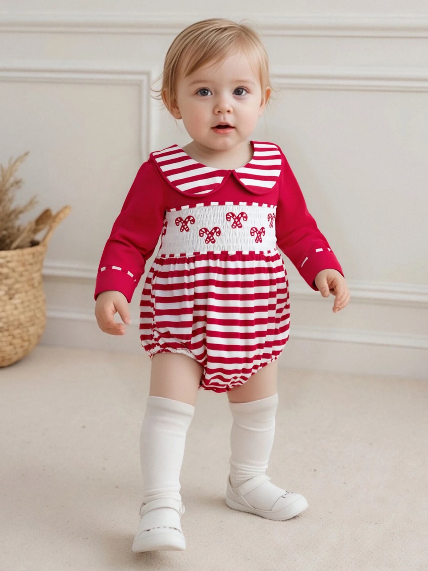 Baby Christmas Romper - Candy Cane Embroidery Long Sleeve Smocked Striped Jumpsuit