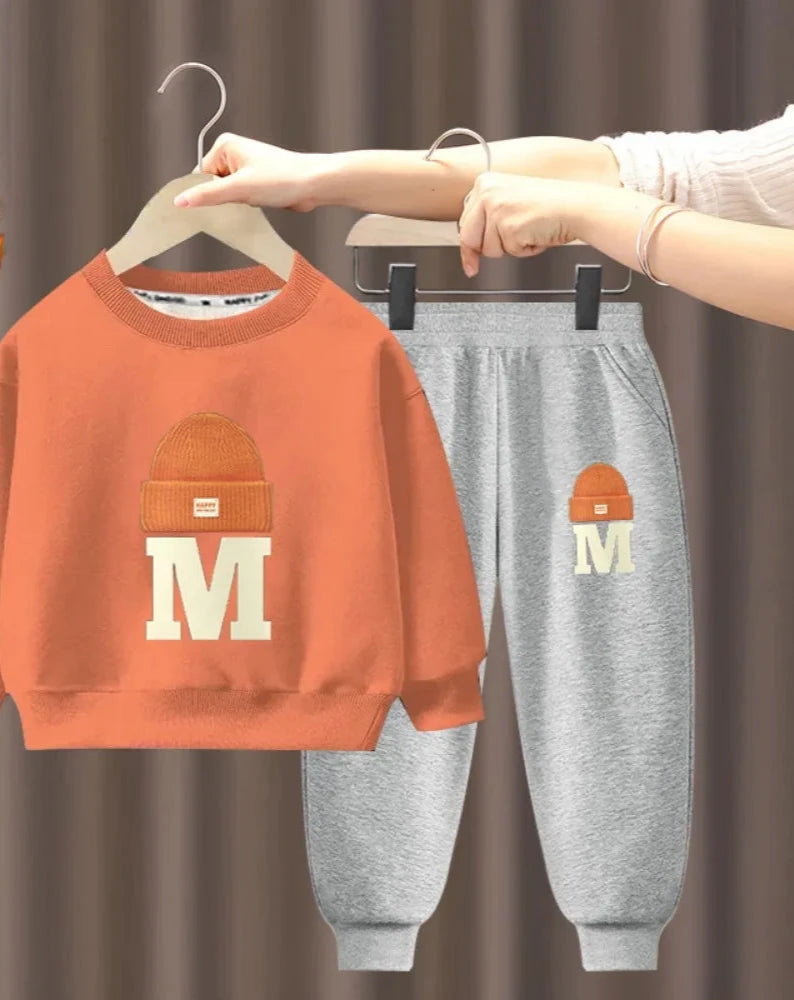 Children's Plush Letter Sweater Long sleeved Pants Two Piece Set