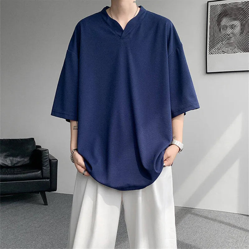Men's Summer Three Quarter Collar  V-Neck Loose  T-shirt