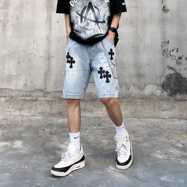 Men's Versatile American Cross Embroidery Washed Denim Shorts