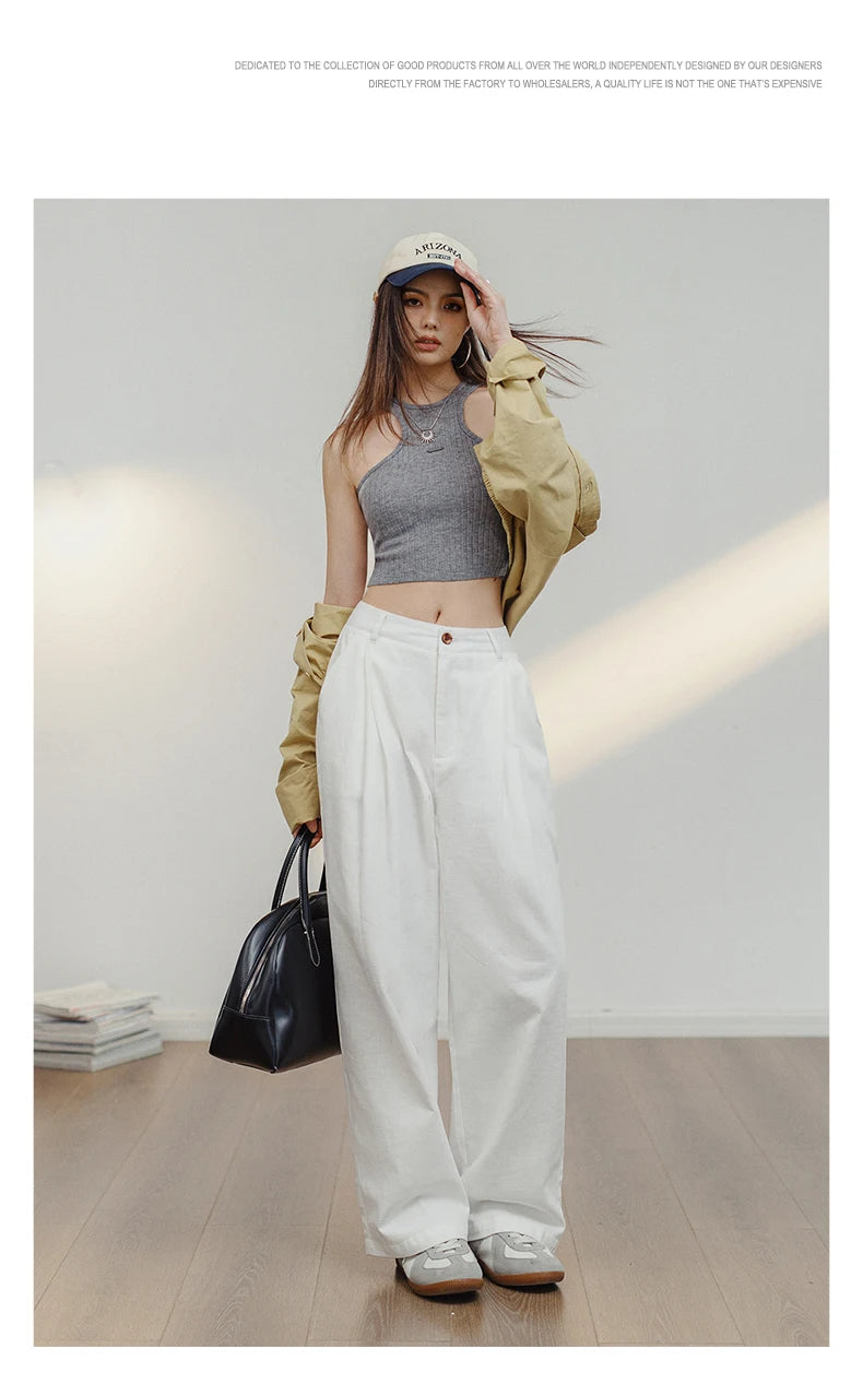 Women's White 100% Cotton Wide-Leg Cargo Trousers | Loose Straight Streetwear Pants