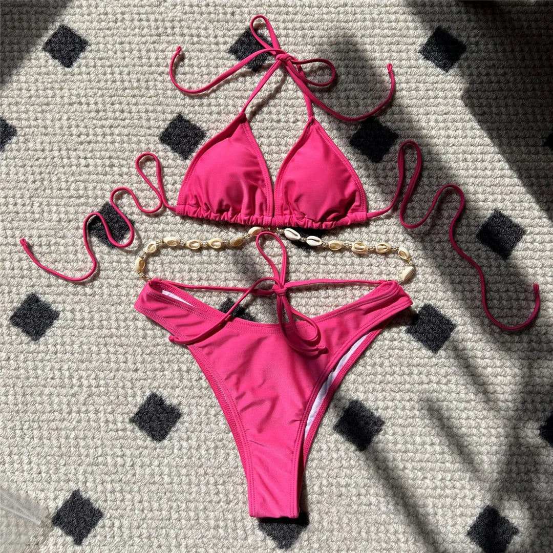 Women's Halter Shell Brazilian Bikini Set | Wire-Free Padded Two-Piece Swimwear