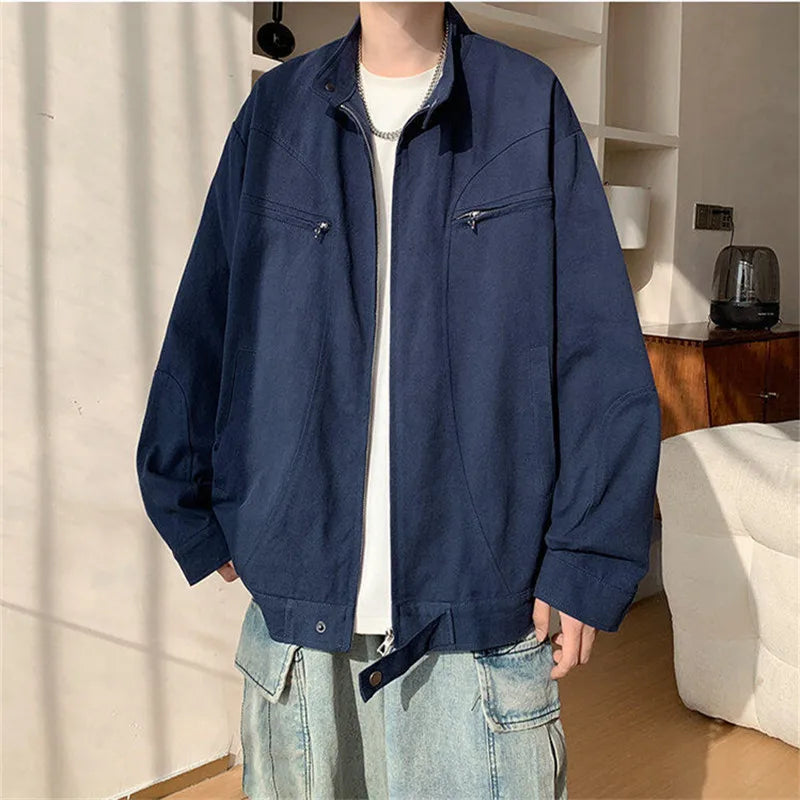 Men's High Street Patchwork Jacket - Cotton Stand Collar Loose Outerwear