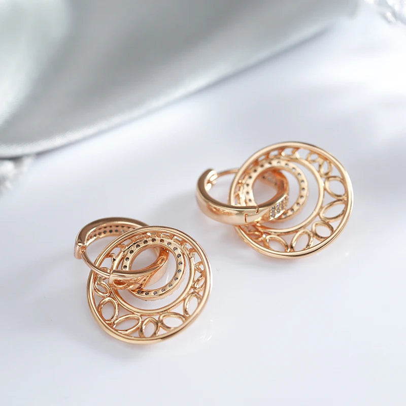 Women's Unusual Metal Sculpture Flower Natural Zircon 585 Rose Gold Dangle Earrings