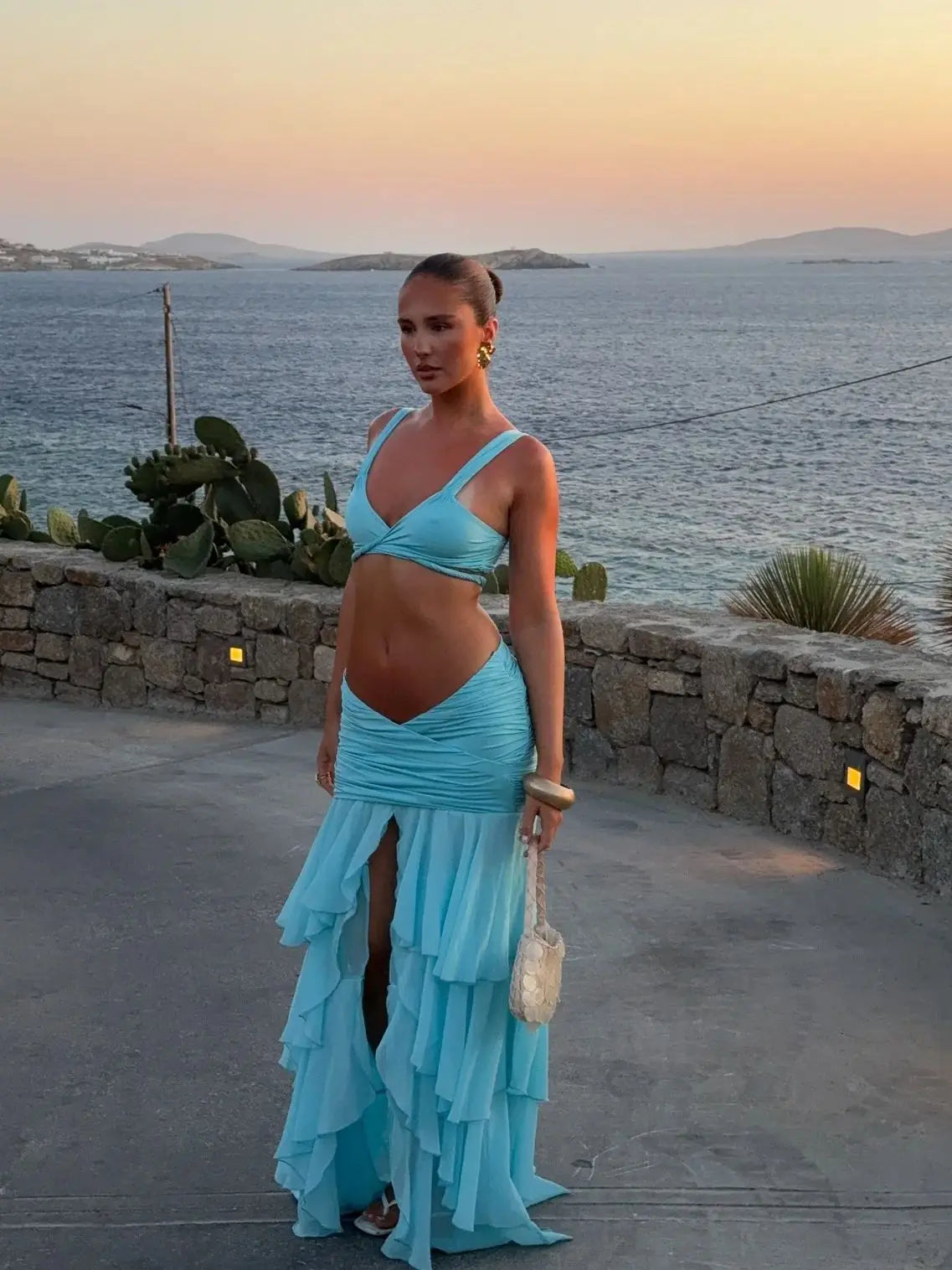 Women's 3-Piece Ruffle Bikini Set with Maxi Skirt - Halter Style Beach Wear